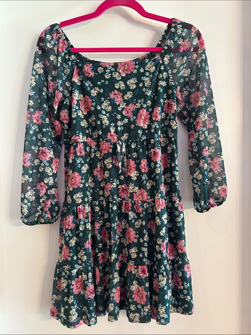 Three Hearts Girls Green Dress with Pink Floral Print